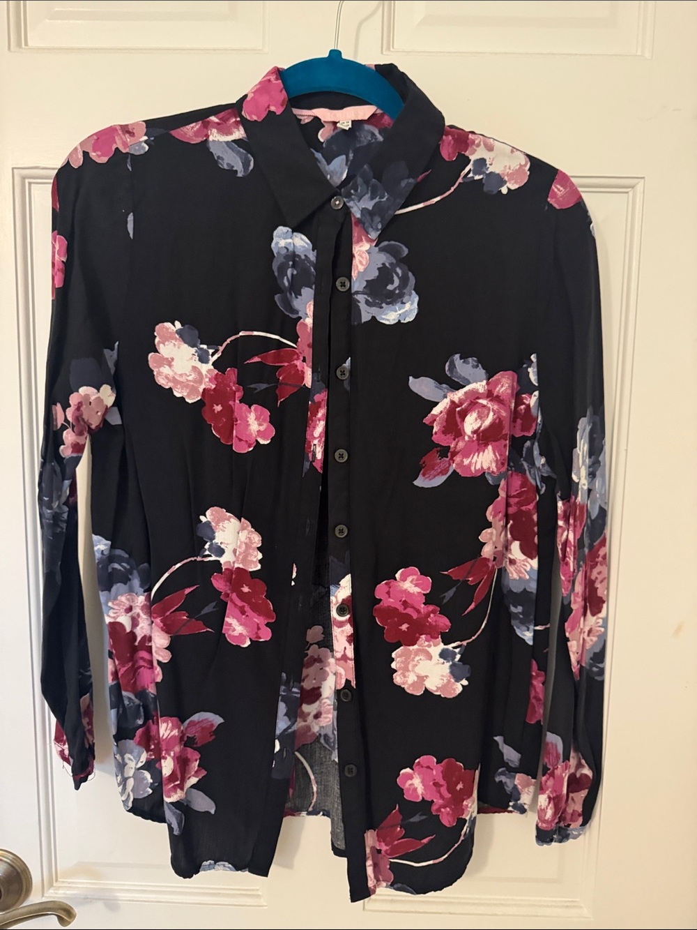 Joules Black Button-Down Blouse with Pink & Blue Floral Print